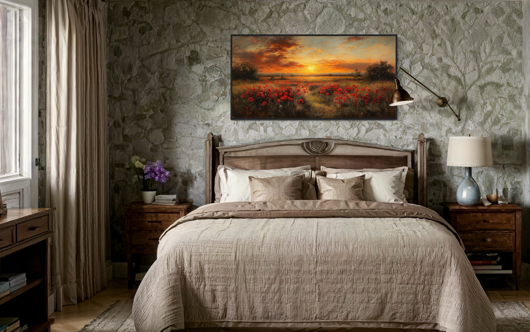 Red Poppies Wall Art – Panoramic Floral Landscape Canvas | Rustic Farmhouse Decor