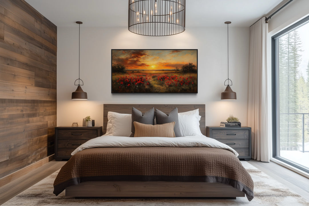 Red Poppies Wall Art – Panoramic Floral Landscape Canvas | Rustic Farmhouse Decor