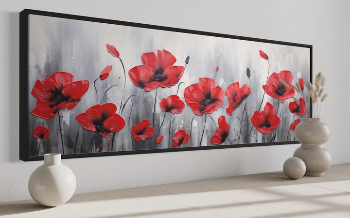 Red Poppies on Grey Background Horizontal Framed Canvas Wall Art