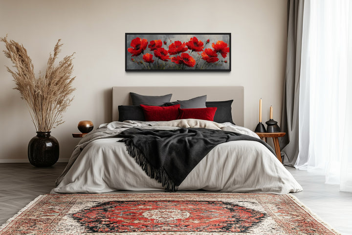 Red Poppies on Grey Background Horizontal Framed Canvas Wall Art