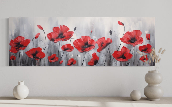 Red Poppies on Grey Background Horizontal Framed Canvas Wall Art