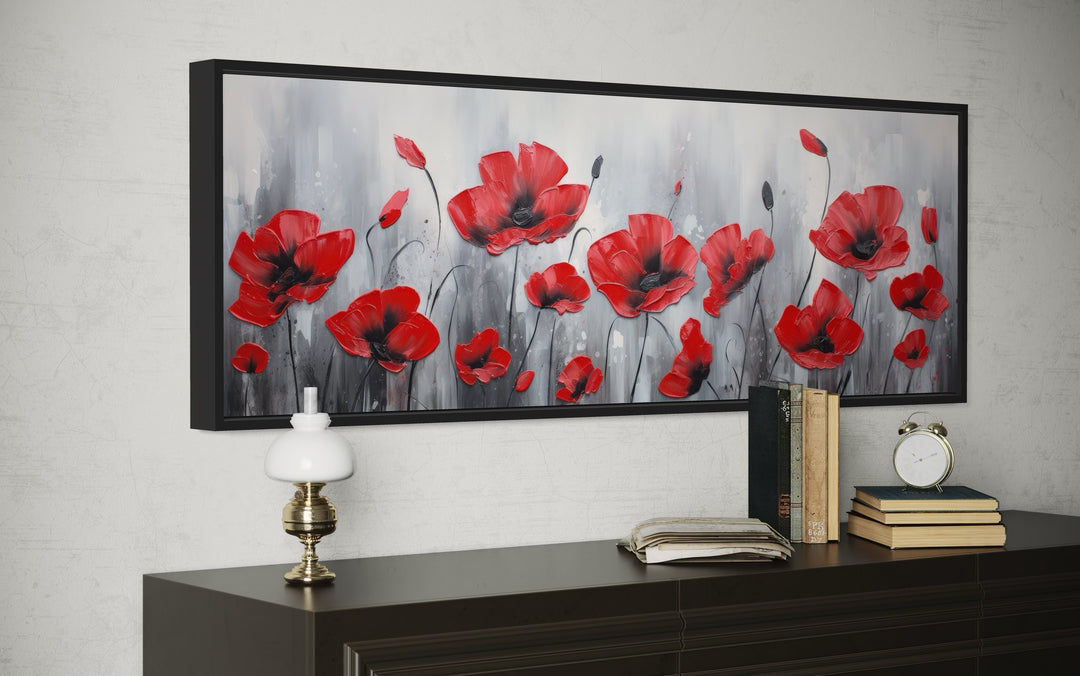 Red Poppies on Grey Background Horizontal Framed Canvas Wall Art