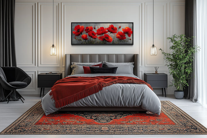 Red Poppies on Grey Background Horizontal Framed Canvas Wall Art