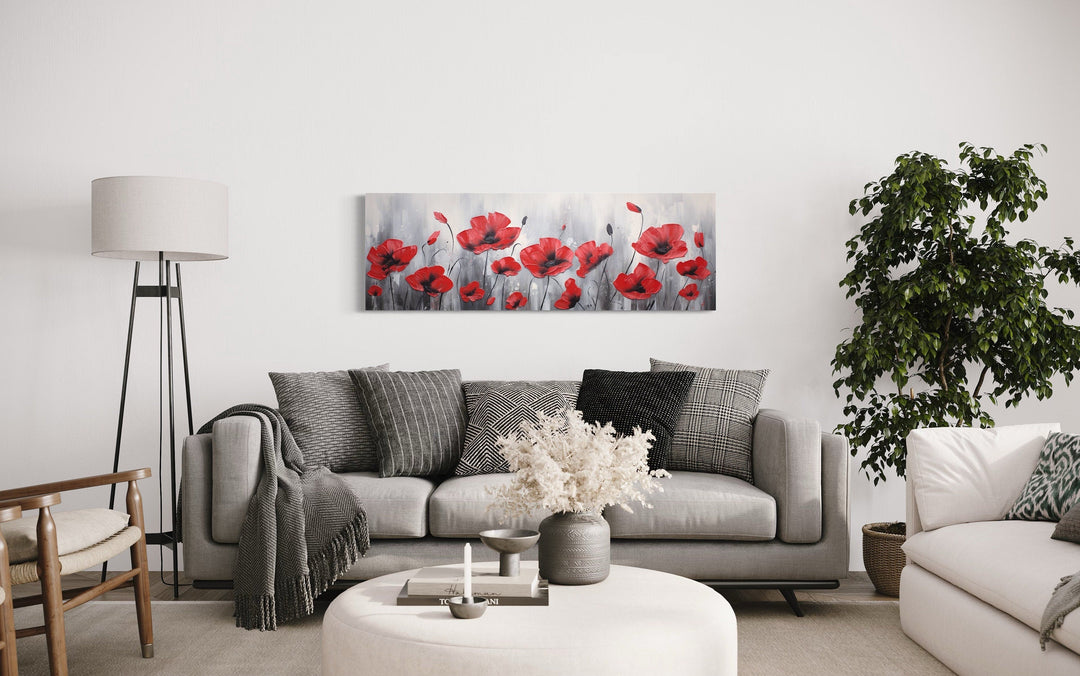 Red Poppies on Grey Background Horizontal Framed Canvas Wall Art