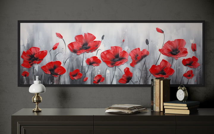 Red Poppies on Grey Background Horizontal Framed Canvas Wall Art