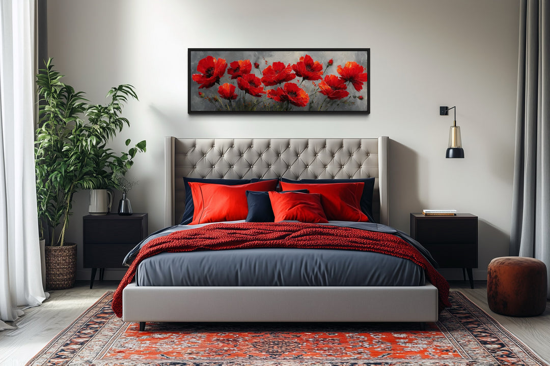 Red Poppies on Grey Background Horizontal Framed Canvas Wall Art