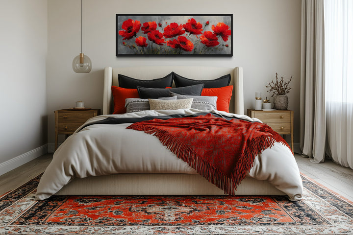 Red Poppies on Grey Background Horizontal Framed Canvas Wall Art