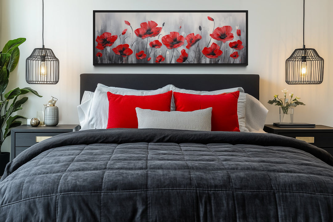 Red Poppies on Grey Background Horizontal Framed Canvas Wall Art