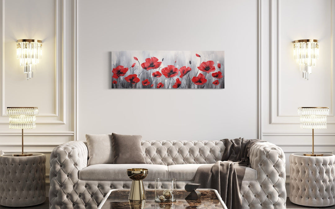 Red Poppies on Grey Background Horizontal Framed Canvas Wall Art