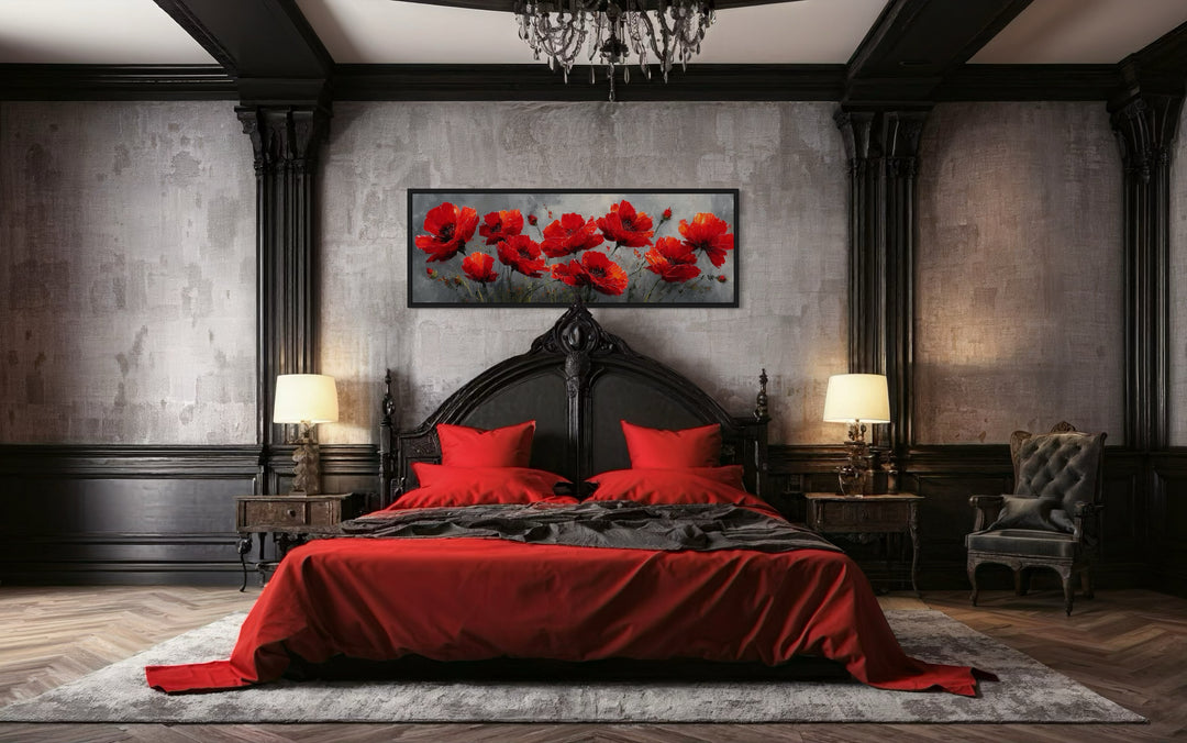 Red Poppies on Grey Background Horizontal Framed Canvas Wall Art