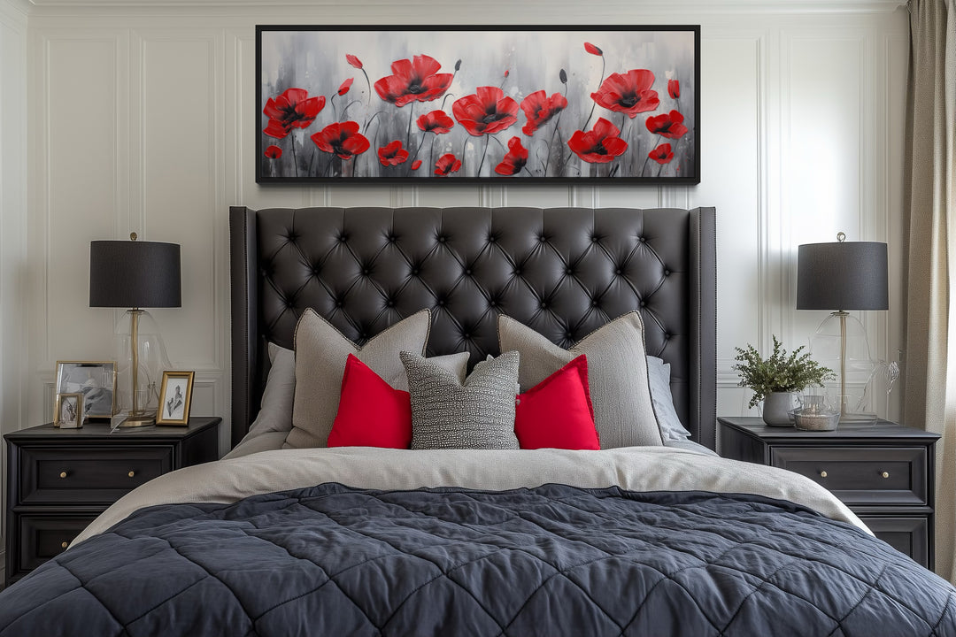 Red Poppies on Grey Background Horizontal Framed Canvas Wall Art