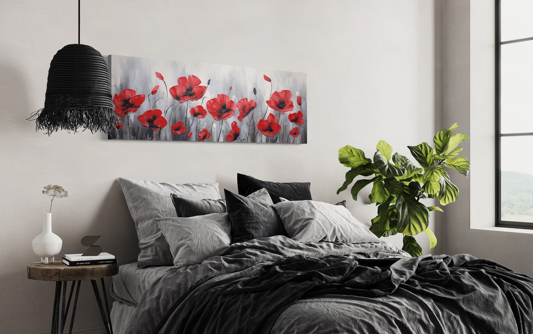 Red Poppies on Grey Background Horizontal Framed Canvas Wall Art