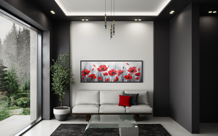 Red Poppies on Grey Background Horizontal Framed Canvas Wall Art