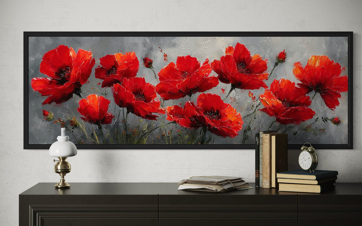 Red Poppies on Grey Background Horizontal Framed Canvas Wall Art