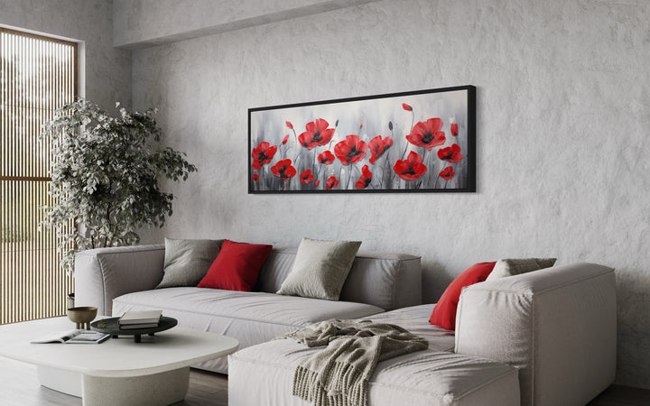 Red Poppies on Grey Background Horizontal Framed Canvas Wall Art