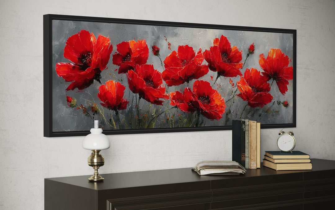 Red Poppies on Grey Background Horizontal Framed Canvas Wall Art