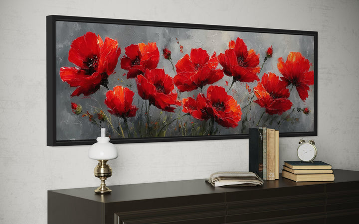 Red Poppies on Grey Background Horizontal Framed Canvas Wall Art