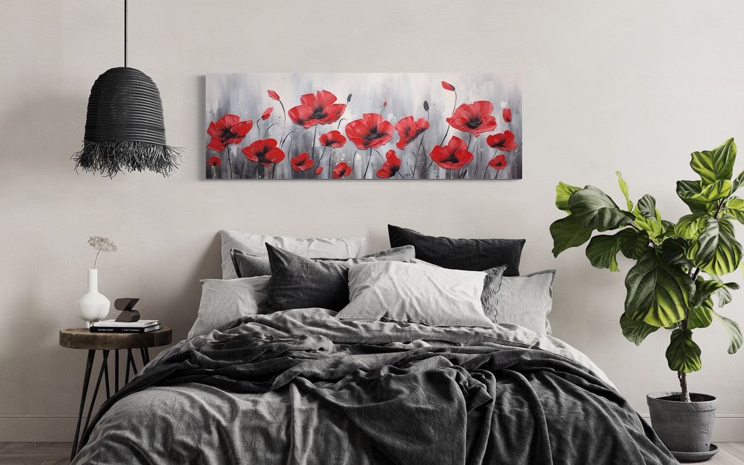 Red Poppies on Grey Background Horizontal Framed Canvas Wall Art