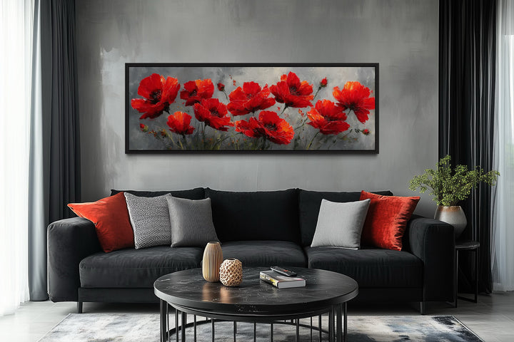 Red Poppies on Grey Background Horizontal Framed Canvas Wall Art