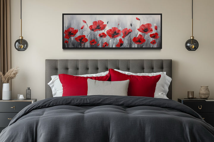 Red Poppies on Grey Background Horizontal Framed Canvas Wall Art