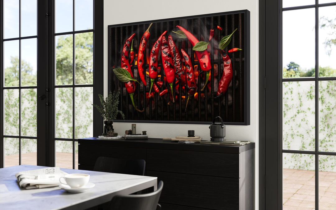 Red Spicy Chili Pepper On Grill Kitchen Wall Art