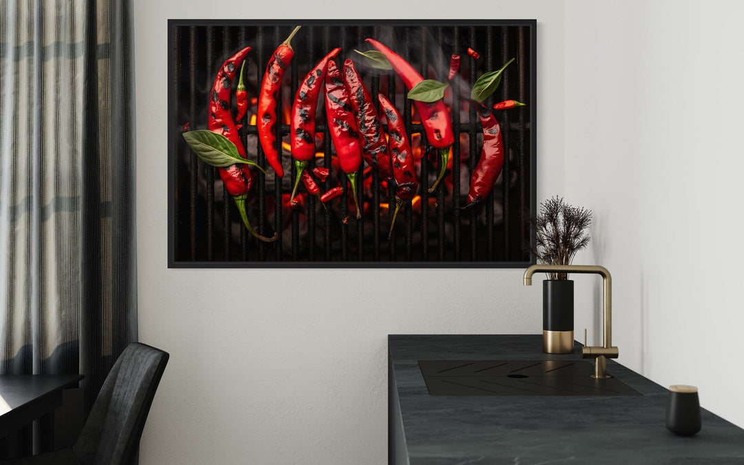 Red Spicy Chili Pepper On Grill Kitchen Wall Art