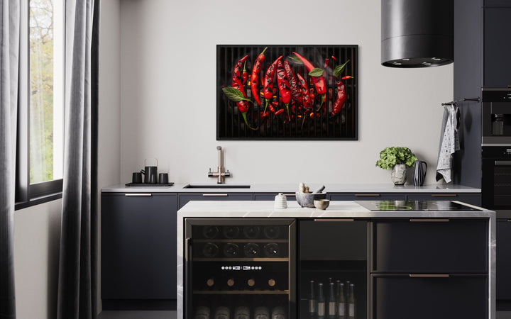 Red Spicy Chili Pepper On Grill Kitchen Wall Art