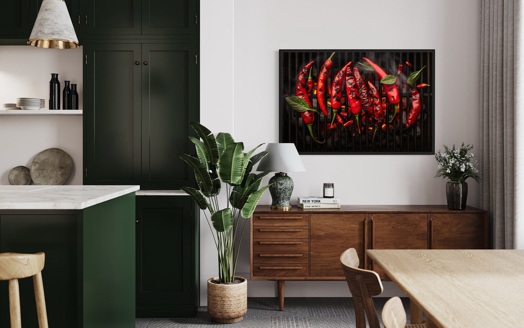 Red Spicy Chili Pepper On Grill Kitchen Wall Art