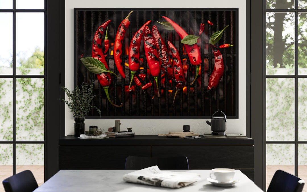 Red Spicy Chili Pepper On Grill Kitchen Wall Art