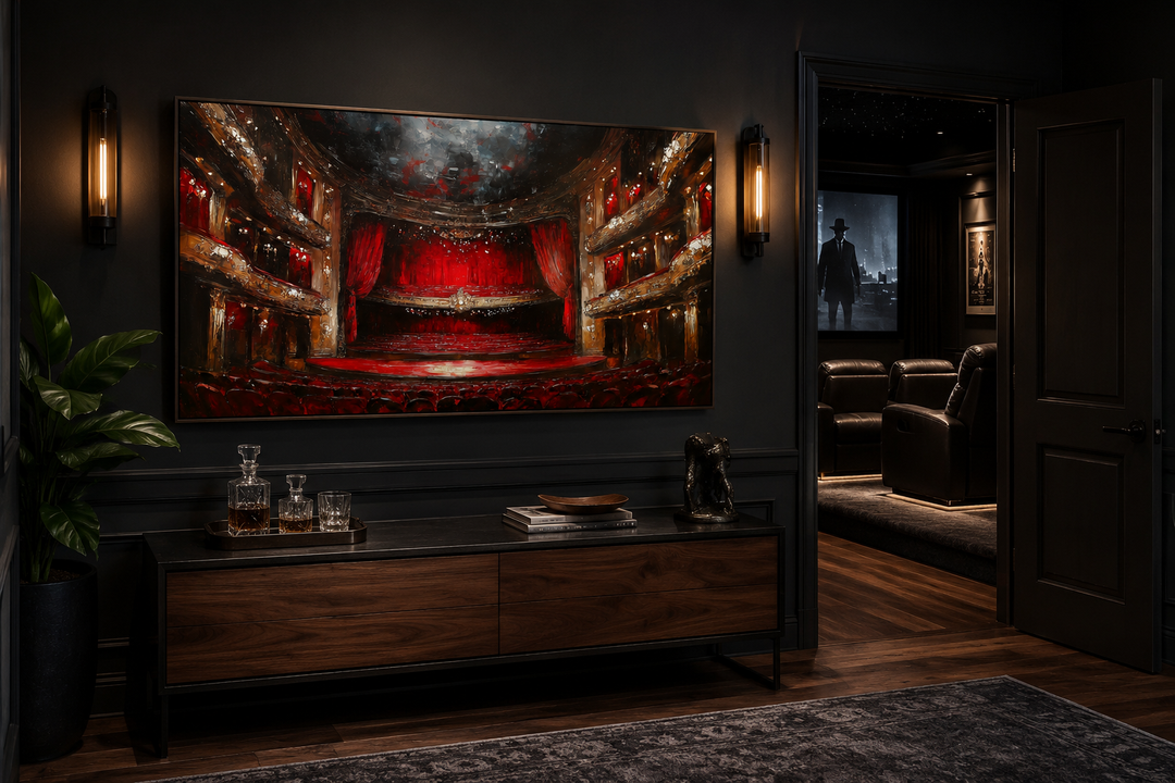 Framed canvas wall art of a grand red theater stage and seats in a dark home movie theater room.