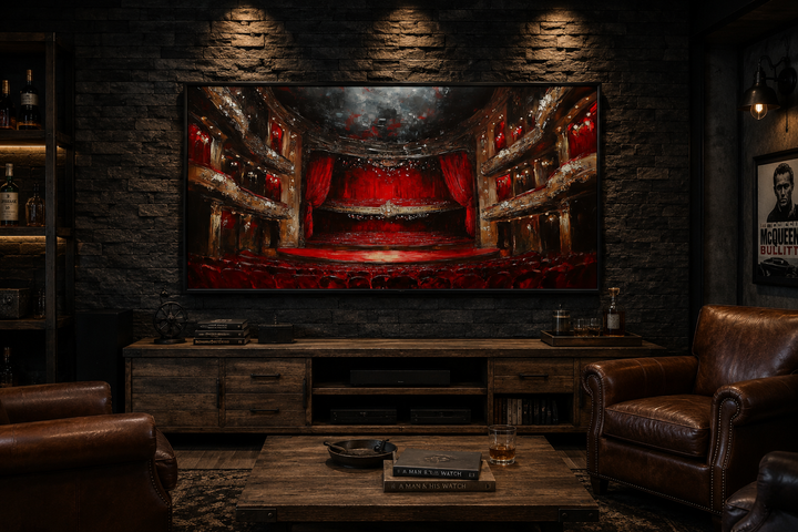 Framed canvas wall art of a red theater stage and seats in a rustic home theater setting.