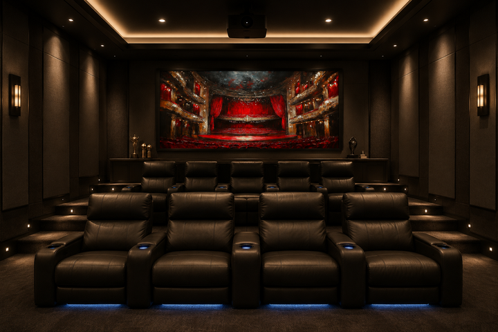 Framed canvas wall art of a red theater stage and seats in a modern home movie theater room.