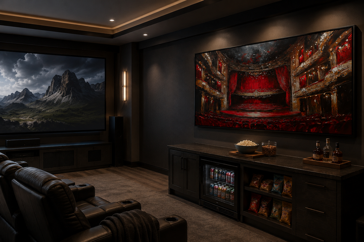 Framed canvas wall art of a red theater stage and seats in a modern home movie theater room.