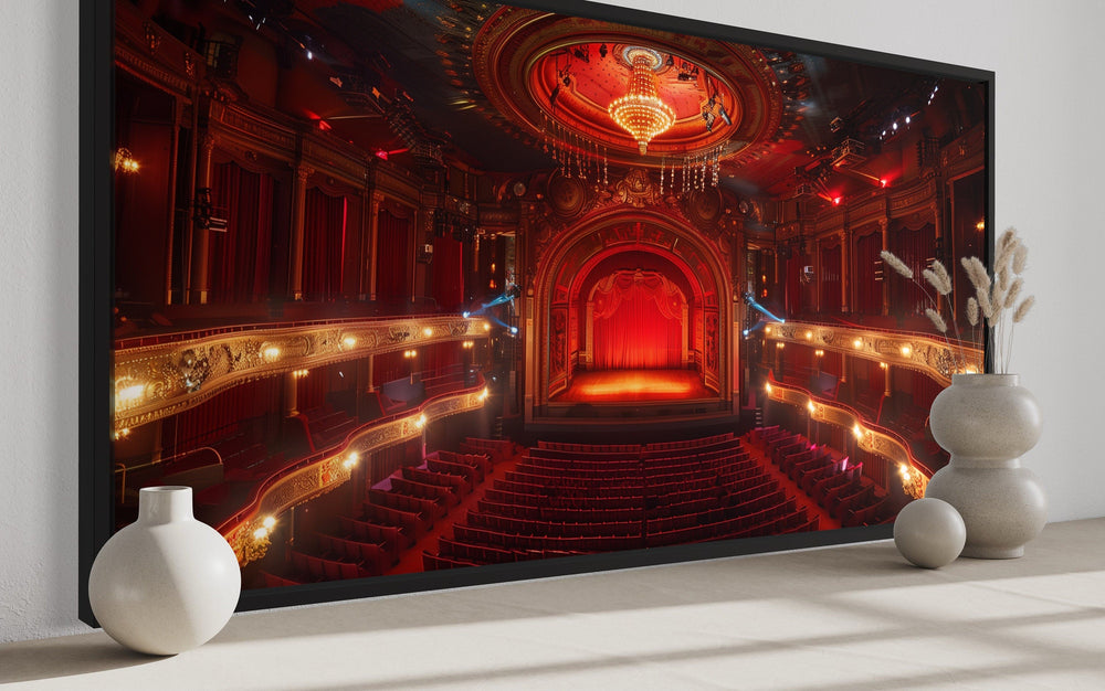 Red Theater Stage And Seats Home Movie Theater Framed Canvas Wall Art side view