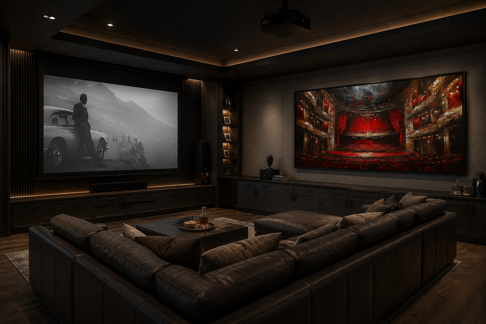 Framed canvas wall art of a red theater stage and seats in a dark home movie theater room.