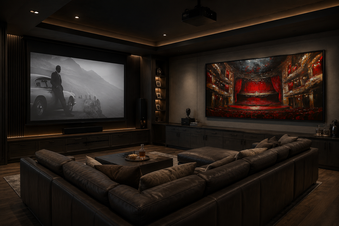 Framed canvas wall art of a red theater stage and seats in a dark home movie theater room.