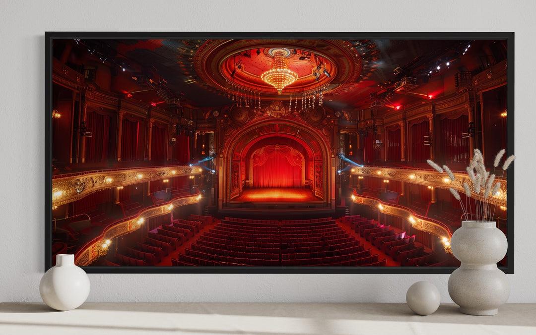 Red Theater Stage And Seats Home Movie Theater Framed Canvas Wall Art