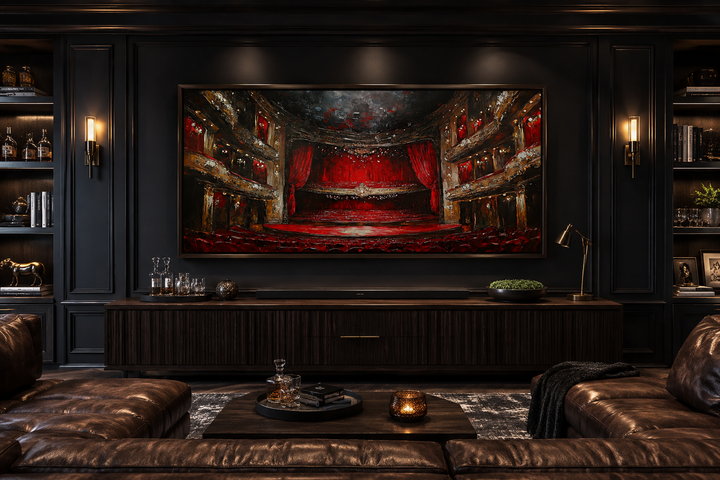 Framed canvas wall art of a red theater stage and seats in a dark, sophisticated home media room.