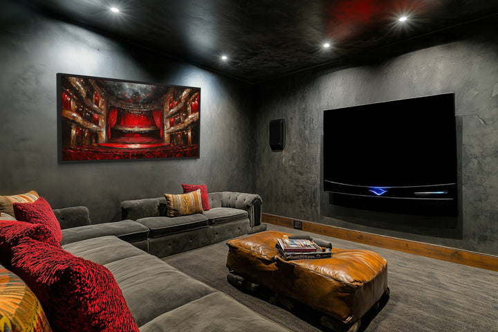 Red Theater Stage And Seats Home Movie Theater Framed Canvas Wall Art