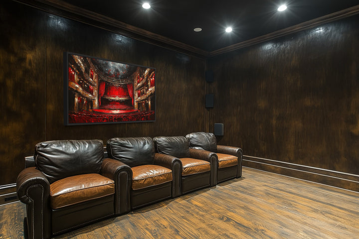 Red Theater Stage And Seats Home Movie Theater Framed Canvas Wall Art