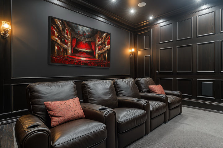 Red Theater Stage And Seats Home Movie Theater Framed Canvas Wall Art