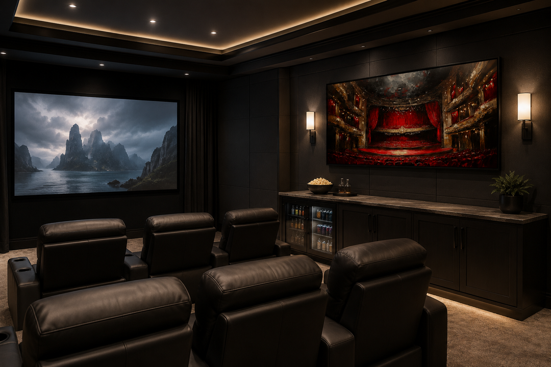 Framed canvas wall art of a red theater stage and seats in a modern home movie theater room.