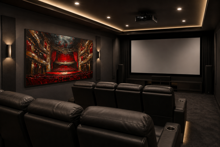 Framed canvas wall art of a red theater stage and seats in a dark home movie theater room.