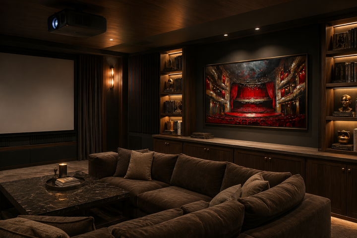 Framed canvas wall art of a red theater stage and seats in a dark home movie theater room.