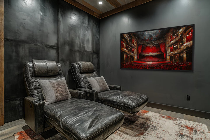Red Theater Stage And Seats Home Movie Theater Framed Canvas Wall Art
