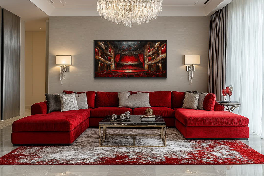 Red Theater Stage And Seats Home Movie Theater Framed Canvas Wall Art