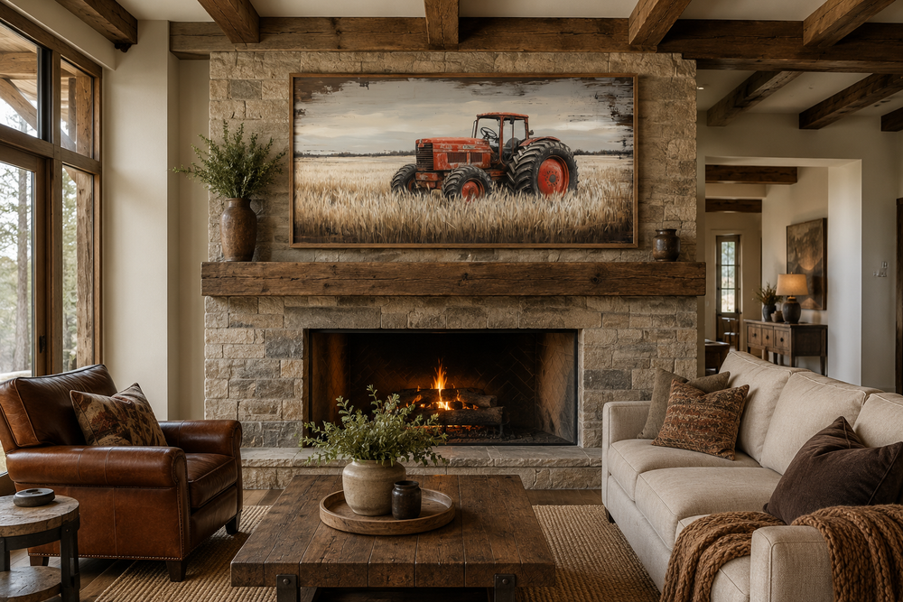 Red tractor in a golden wheat field rustic farmhouse framed canvas wall art above a fireplace.