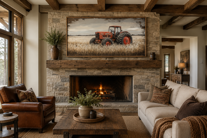 Red tractor in a golden wheat field rustic farmhouse framed canvas wall art above a fireplace.