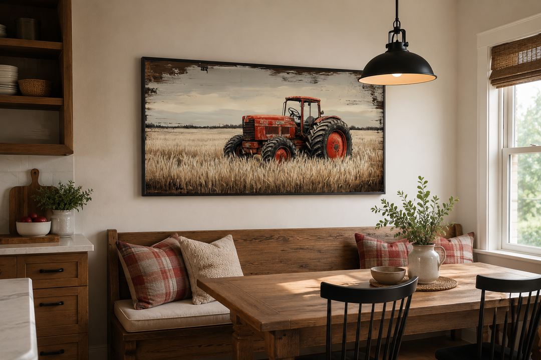 Framed rustic wall art of a vintage red tractor in a golden wheat field above a dining nook.