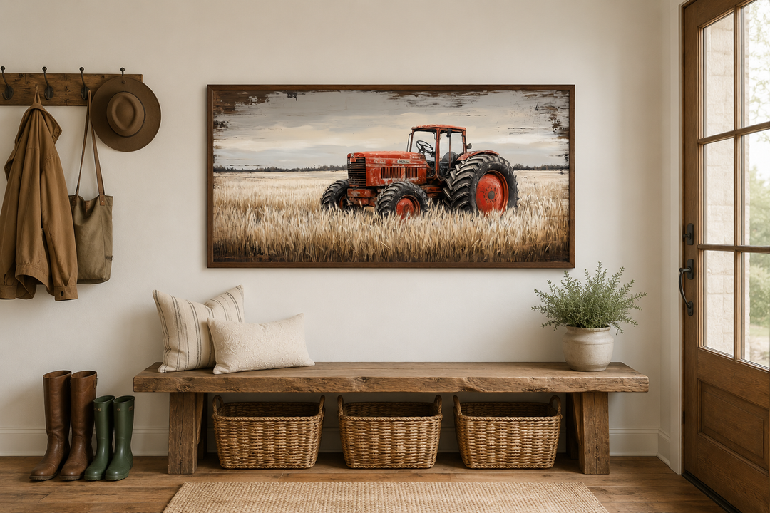 Red tractor in a golden wheat field rustic farmhouse wall art above a wooden bench.
